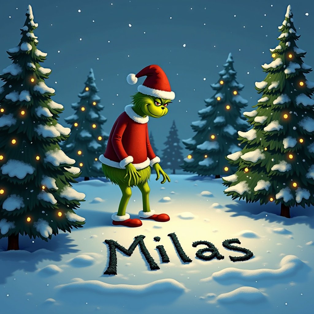 The Grinch is outside in the snow. Christmas trees surround him, decorated with lights. The Grinch is writing the name Milas in the snow.