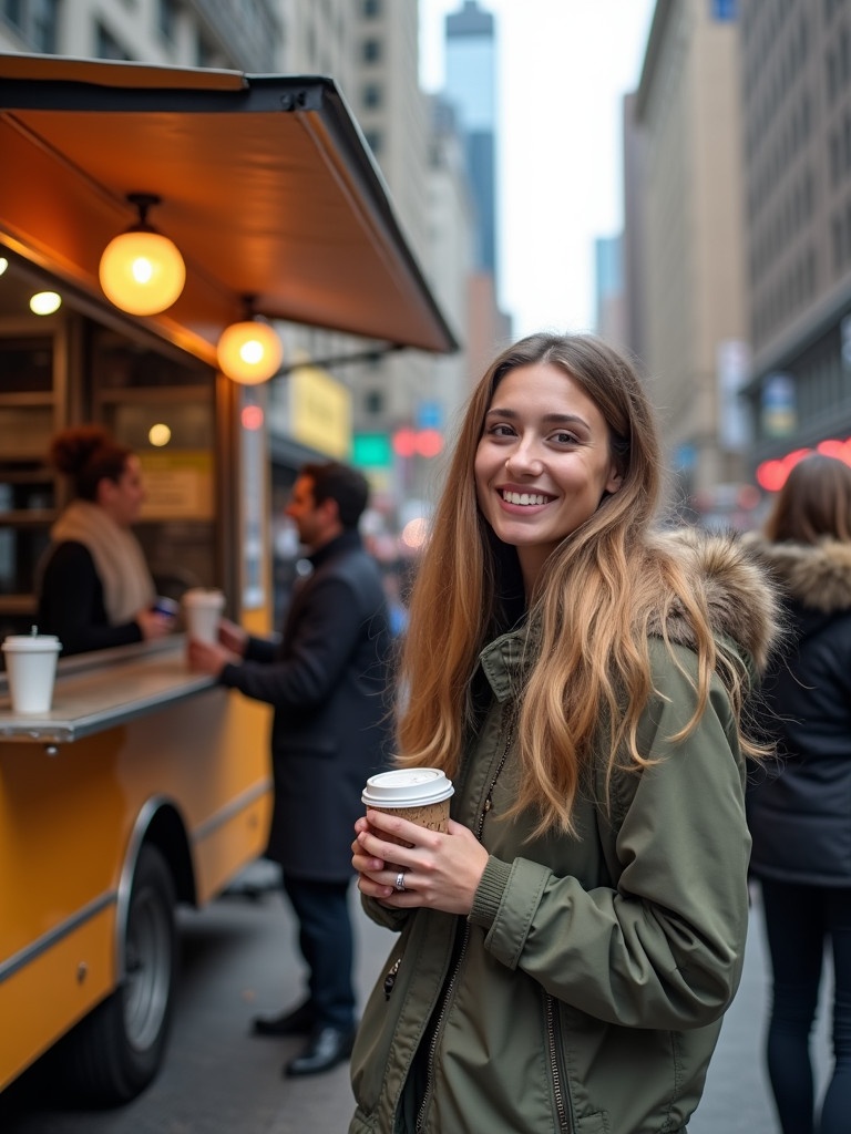 Caucasian woman stands in front of coffee food truck. She prepares to buy coffee. Warm expression engages the viewer. Background captures the hustle of New York City. People move around an underground train station. Scene is vibrant with urban energy.