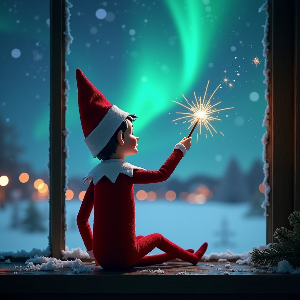 The image features an elf on the shelf sitting on a windowsill, with its back turned to the viewer. The elf is facing a magnificent night sky illuminated by the Northern Lights. In its hand, it holds a wand and is creating sparkles as it writes the word 'Harrison' in the sky. The backdrop is a serene winter landscape blanketed in snow, with soft glowing lights suggesting a festive atmosphere. The scene conveys a sense of magic and wonder associated with the Christmas season.