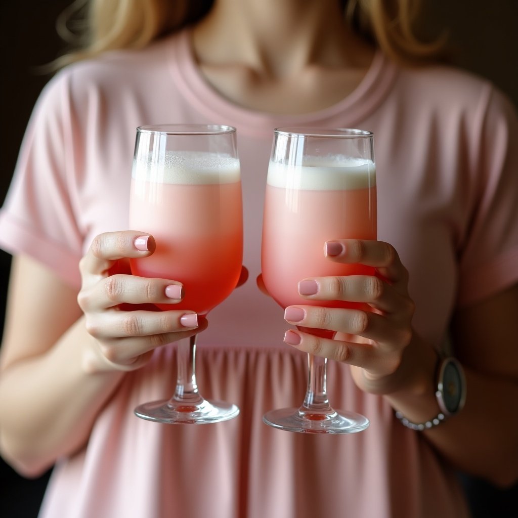 Santha Cluse holds two glasses of rose milk. The glasses are filled with a pink beverage topped with foam. The person wears a soft pink shirt.