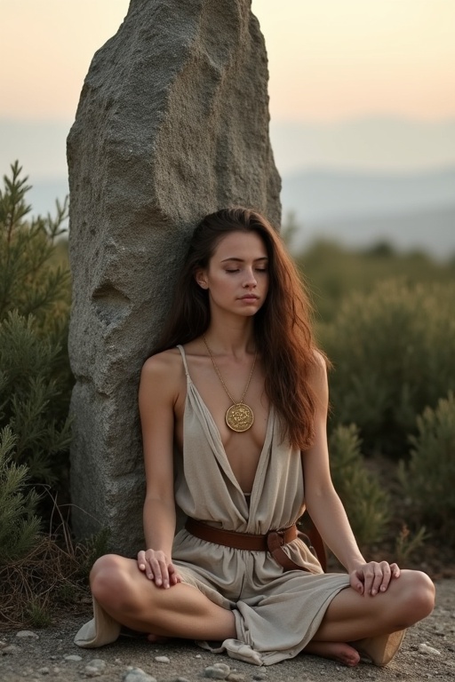 Young gaunt woman sitting cross-legged against a granite menhir. Natural-colored robe and leather belt. Golden medallion around neck. Meditating peacefully. Menhir towers above. Evening light creates serene atmosphere. Dense shrubs surrounding menhir. Stony ground with sparse wild herbs.