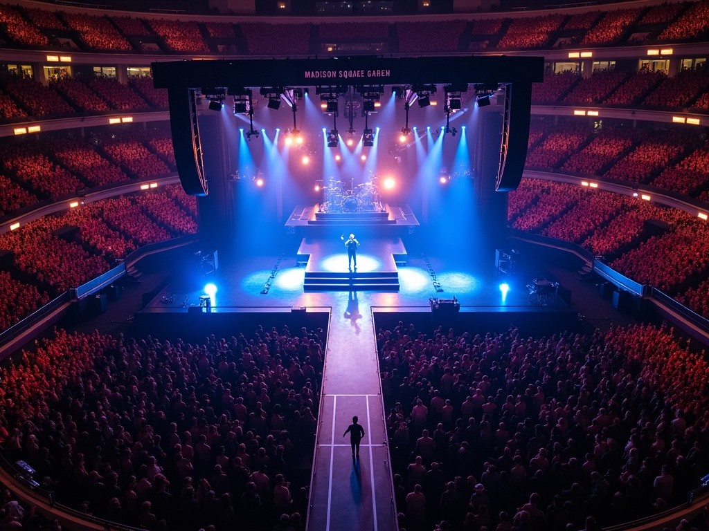 This image showcases a vibrant concert at Madison Square Garden featuring artist Roddy Ricch. The stage has a T-shaped runway extending into the audience, creating an intimate yet grand experience. Dramatic lighting illuminates the performers, surrounded by a sea of enthusiastic fans. The aerial perspective captures the full scale of the event, emphasizing the packed arena. This dynamic scene encapsulates the energy and excitement of live performances.