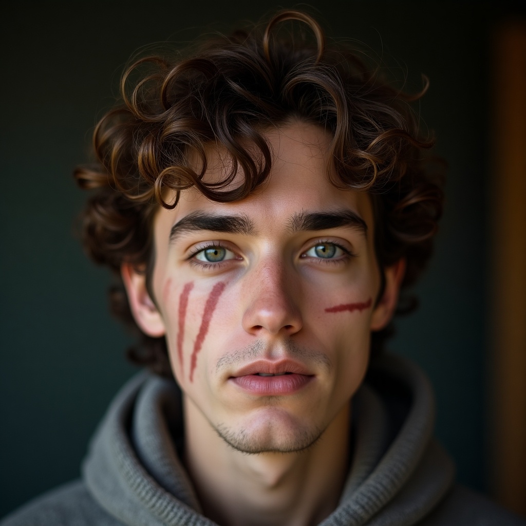 Image of a young man with brown curly hair and grey eyes, features a scar from eyebrow to lip.