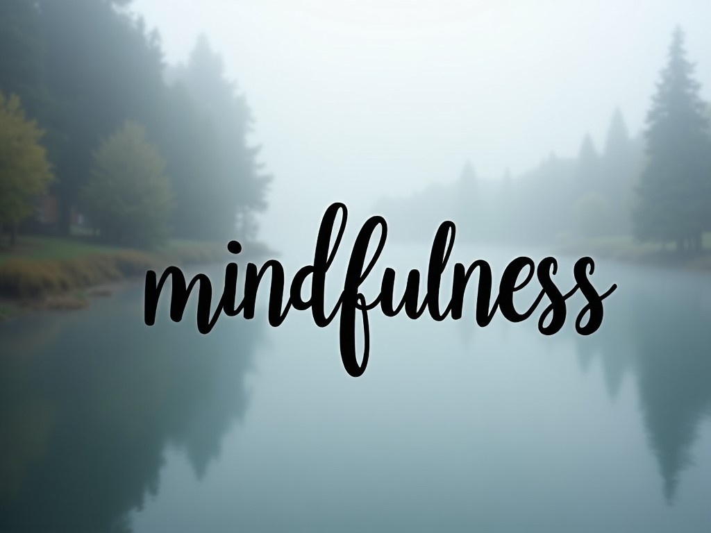 A serene image with the word 'mindfulness' prominently displayed. The background features a foggy lake, evoking calmness and tranquility. The word is artistically written in stylish script. Trees line the shore, partially obscured by the fog. This setting encourages a sense of peace and introspection.