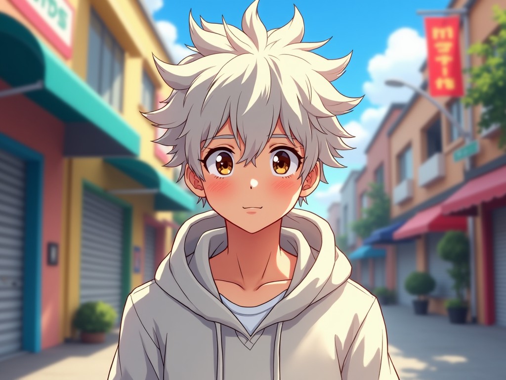 Anime-style character with white hair standing in a colorful urban street, wearing a hoodie, under bright daylight.