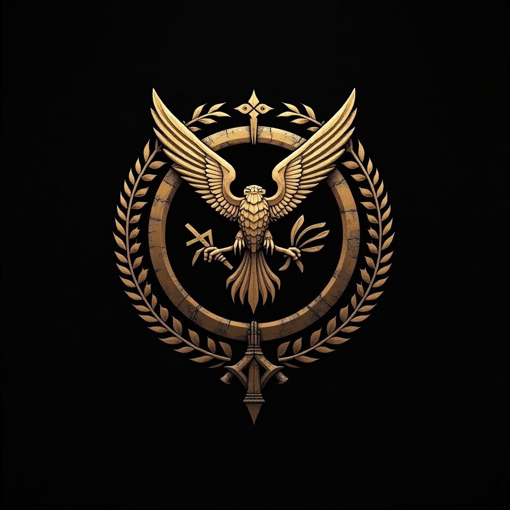 Logo design for a secretive group featuring an eagle symbol surrounded by laurel leaves over a dark background.