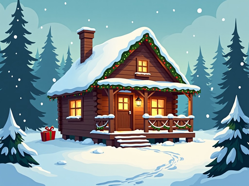 The image depicts a cozy wooden cabin set in a winter landscape. Snow covers the ground and the roof, creating a magical atmosphere. The cabin is adorned with holiday lights, adding a festive touch. Surrounding evergreen trees stand tall, and there's a present placed nearby. The warm light from the windows suggests a welcoming interior, ideal for holiday gatherings. This picturesque scene evokes feelings of warmth, comfort, and joy during the winter season.