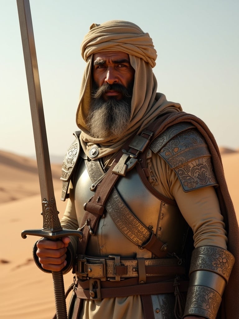 An ancient Arab stands in the desert. Armor shines in daylight. Sword held confidently. Sand dunes stretch behind. Strong and regal presence.