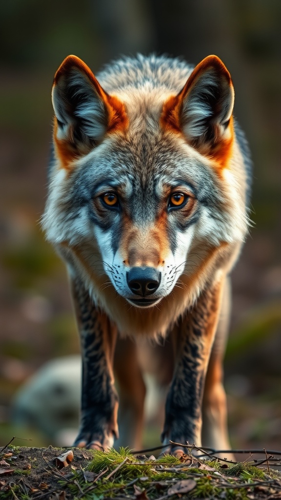 This captivating image features a majestic wolf standing in a forest, its gaze fixed directly at the viewer. The wolf's fur is richly colored with shades of brown, gray, and orange, contrasting beautifully with the blurred, earthy background of the forest floor. The lighting captures the subtle textures of the wolf's fur, lending the image a sense of realism and intimacy.