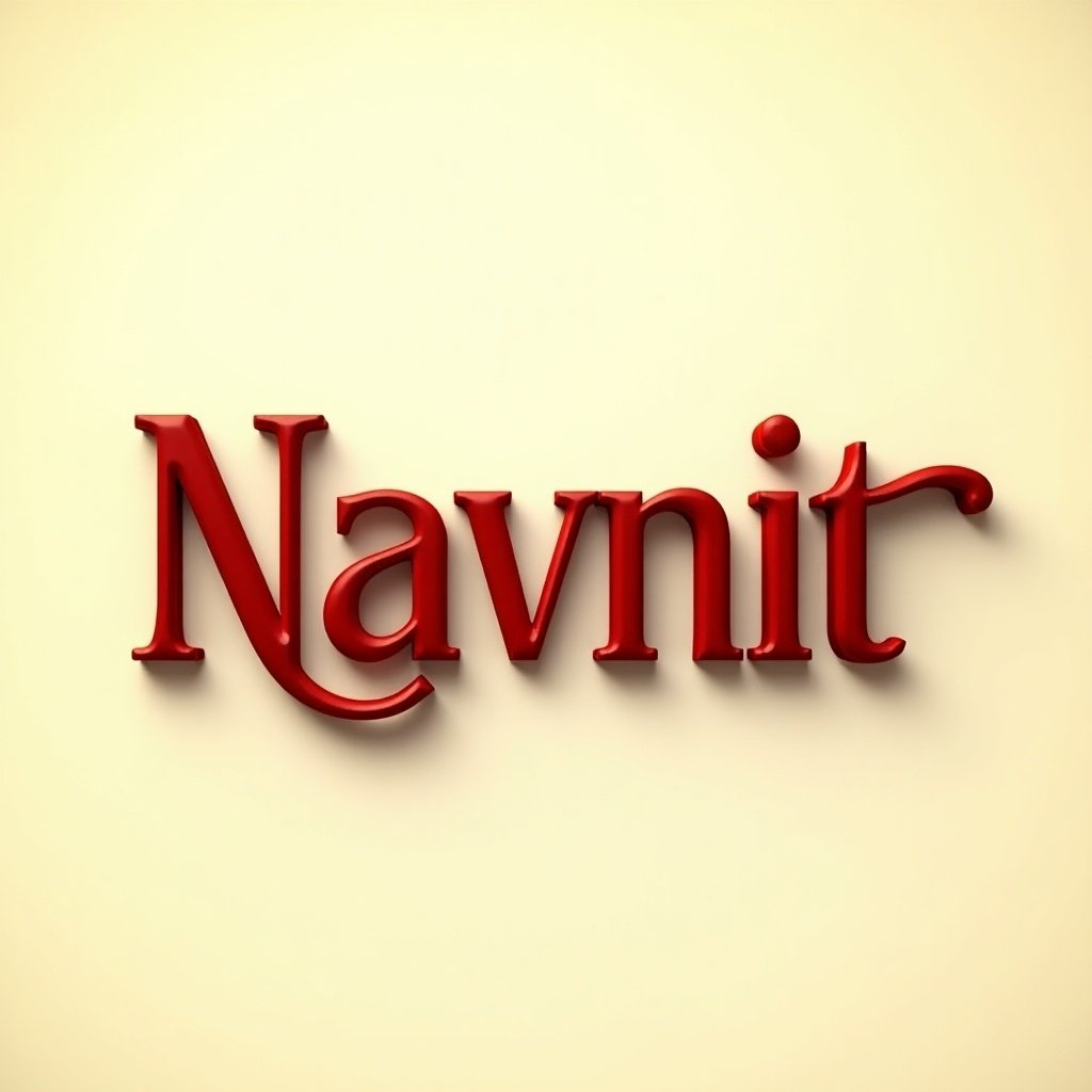 Image showcases the word 'Navnit' in cinematic font. Deep red color against light cream background. Features shadows and highlights for 3D appearance. Gentle lighting creates warm ambiance. Represents beauty of Malayalam script.