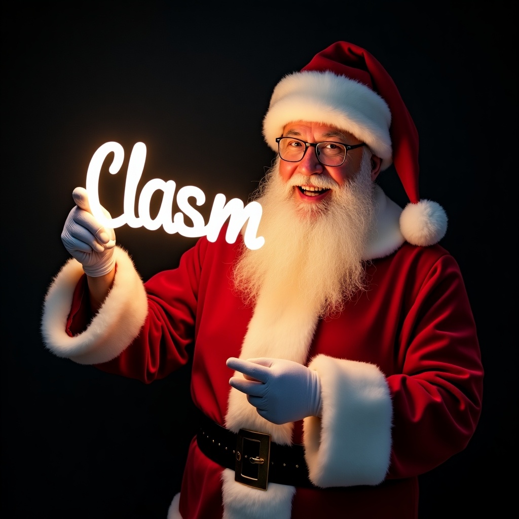 This image features Santa Claus in his traditional red and white Christmas suit. He is smiling widely, holding a light-up sign that spells out 'Clasm'. The background is dark, which makes the glowing text stand out brightly. Santa's jolly expression conveys warmth and holiday cheer. This image captures the magic of Christmas and evokes feelings of joy and celebration.