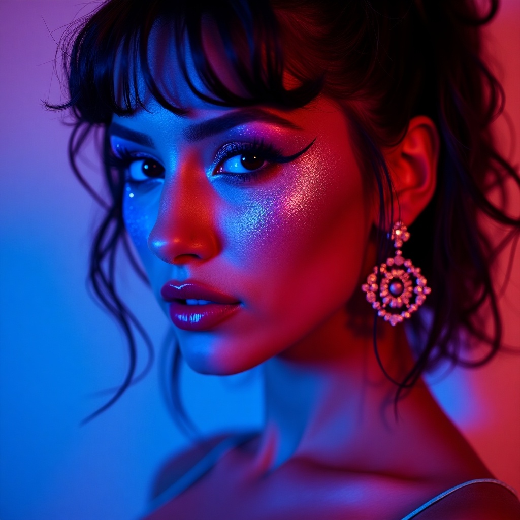 Close-up portrait illuminated by neon lights. Colors include blue pink and purple. Subject wears elaborate earrings and bold makeup. Glitter highlights on cheeks and shoulders. Background out of focus.