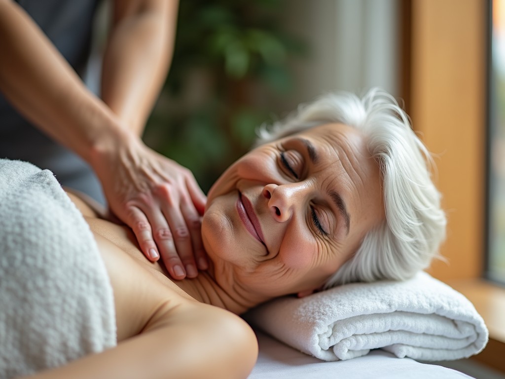 A serene image of an elderly woman receiving a relaxing massage, with a peaceful smile gracing her face. The background is softly blurred, hinting at a calming indoor setting with warm, natural light filtering through a nearby window. The image captures a moment of tranquility and self-care, emphasizing the importance of relaxation.