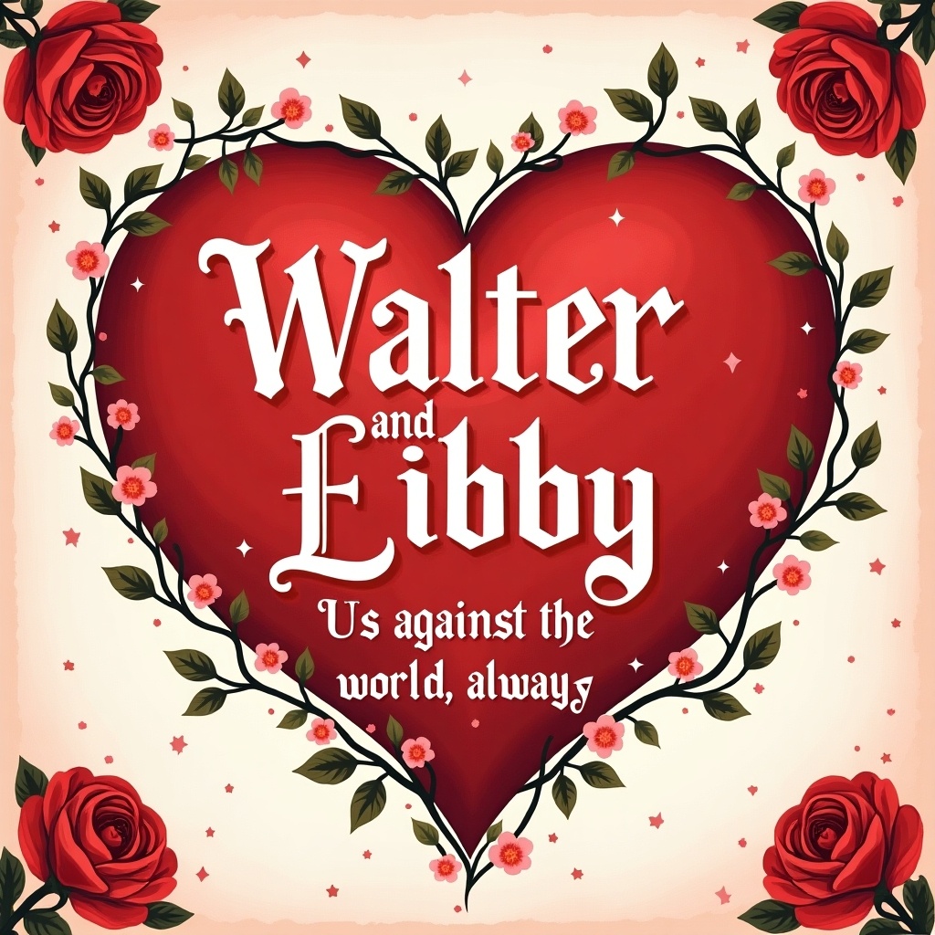 Image features a prominent red heart in center. Heart surrounded by floral border and stars. Bold white old english font displays 'Walter and Libby' inside heart. Below, playful smaller script reads 'Us against the world, always'. Background has subtle pink texture with tiny shapes. Big blooming roses in corners.