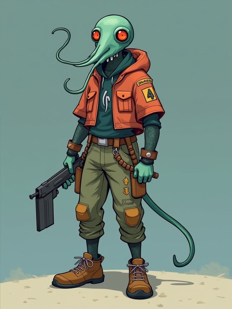 Character design with squid-like features. Wearing casual urban clothing. Equipped with a gun. Consists of a vibrant color palette. Mix of sci-fi and streetwear elements.