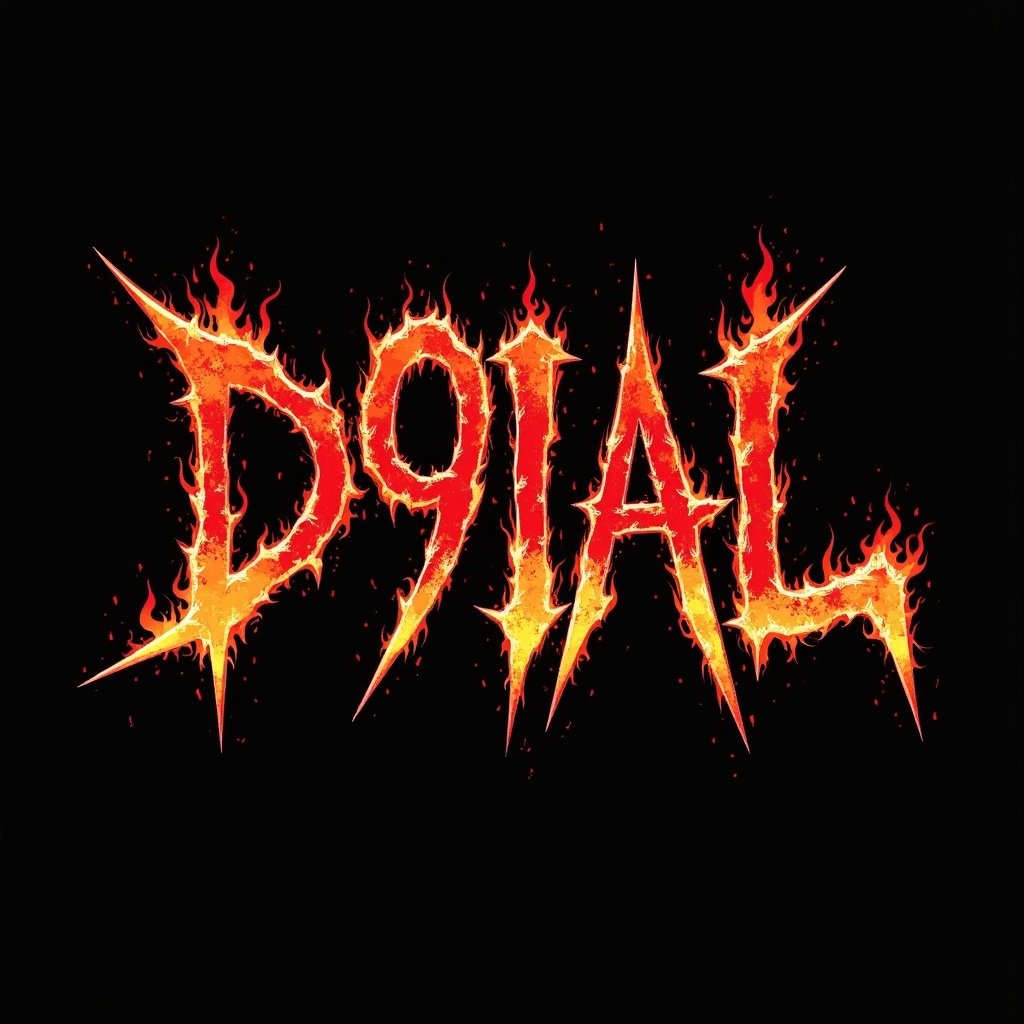 Design a striking logo for the rock band named D9IAL. The logo should feature sharp-edged letters in a gothic style, implying a connection to darker themes. The fiery background should enhance the boldness of the typography. The color scheme should primarily include black, orange, and red for dramatic effect. The overall look must resonate with rock music fans and be suitable for use on T-shirts and posters.