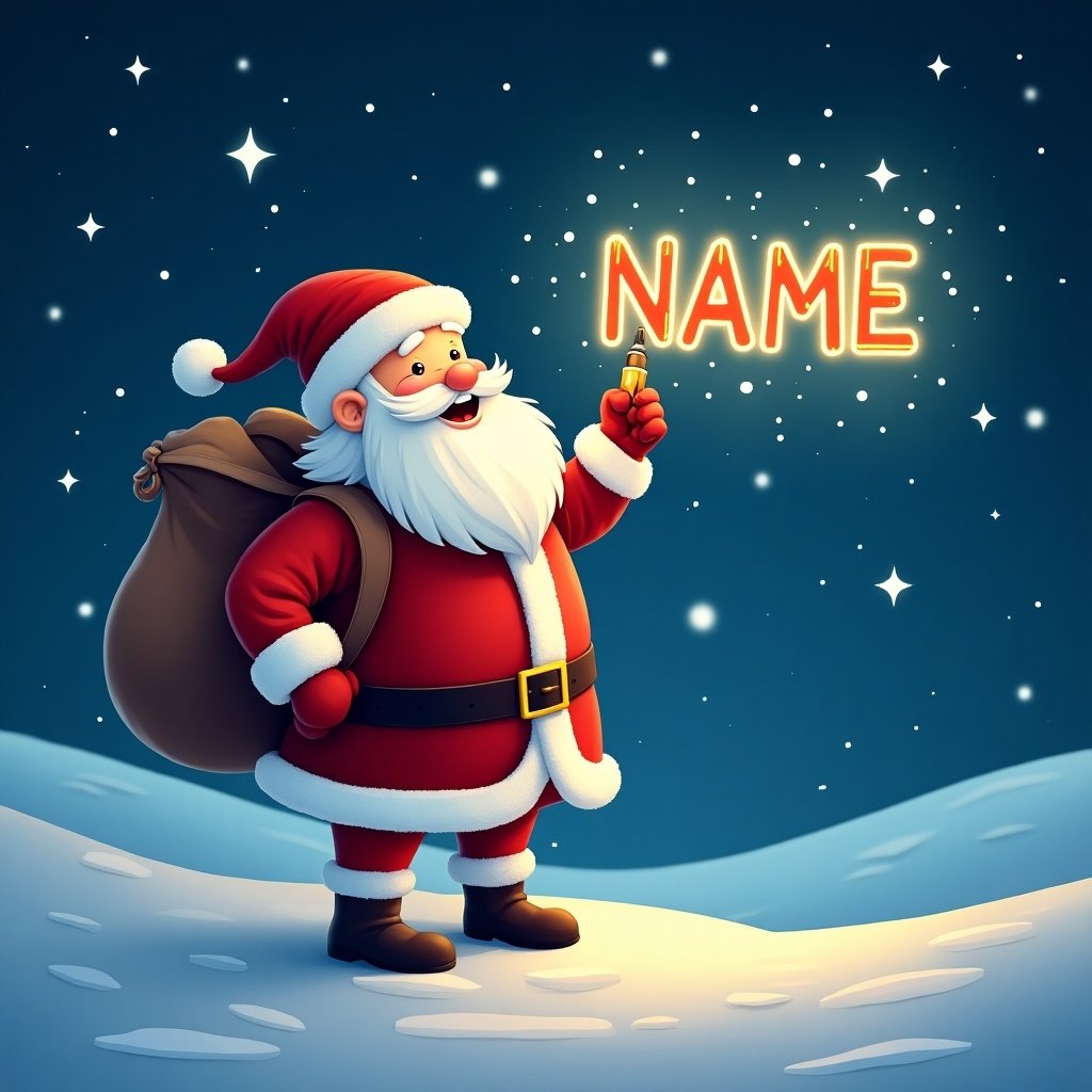 Beautiful Christmas theme. Santa Claus writing the name 'NAME' in colored font in the sky with a colorful glow pen. Snowy landscape. Sparkling stars.