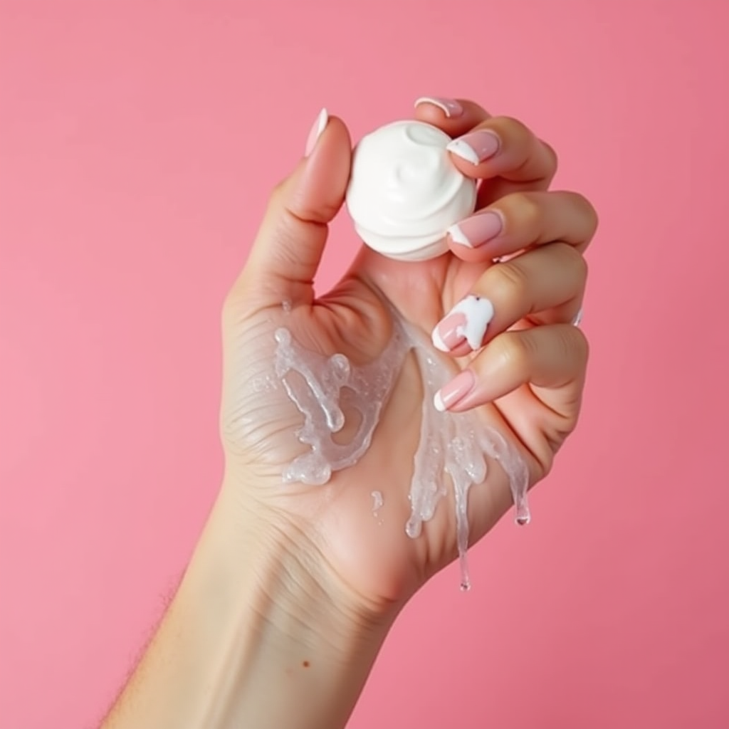 A hand holding a swirl of cream against a pink background, with cream dripping around the fingers.