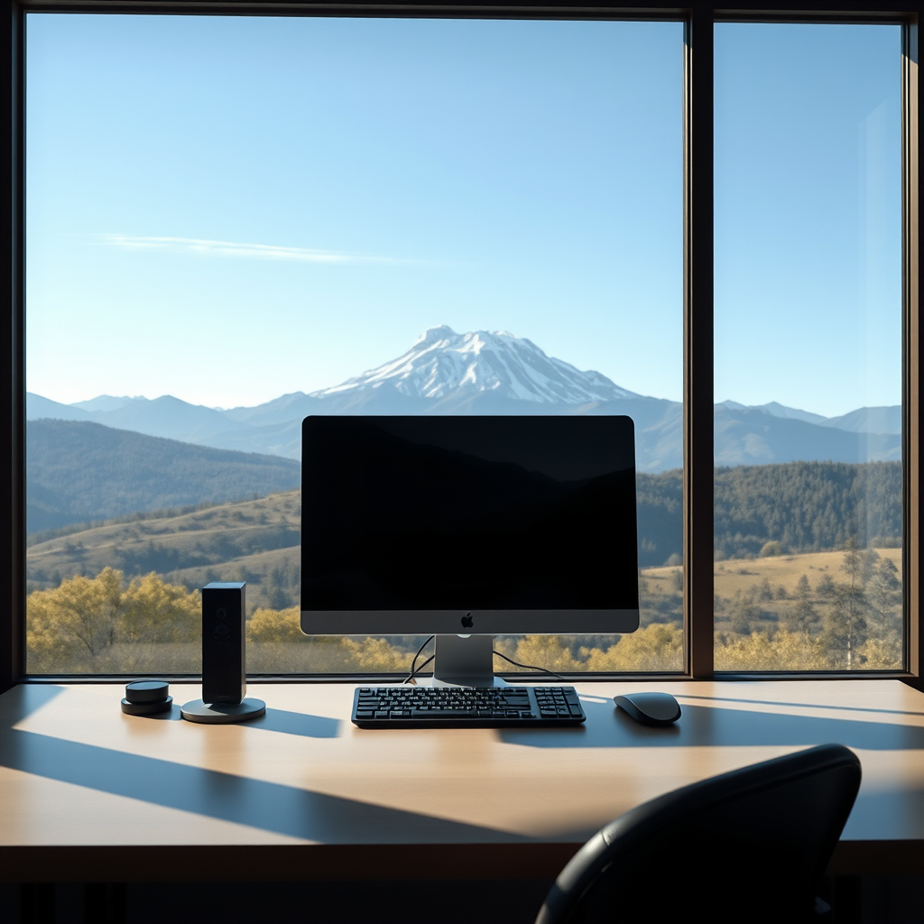 A minimalist workspace features a sleek computer setup by a large window overlooking a breathtaking snow-capped mountain landscape.