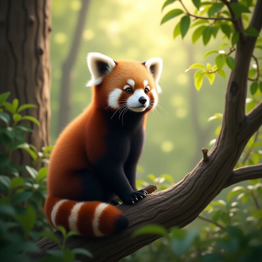 This image showcases a photorealistic depiction of a red panda perched on a tree branch in a lush forest setting. The red panda gazes thoughtfully toward the west, surrounded by vibrant foliage. Sunlight streams through the leaves above, creating a soft bokeh effect that enhances the natural beauty of the scene. The red panda's fur is richly detailed, showcasing its distinctive reddish-brown color and white facial markings. The artistic blur adds depth to the image, emphasizing the serene and peaceful nature of the red panda in its habitat.