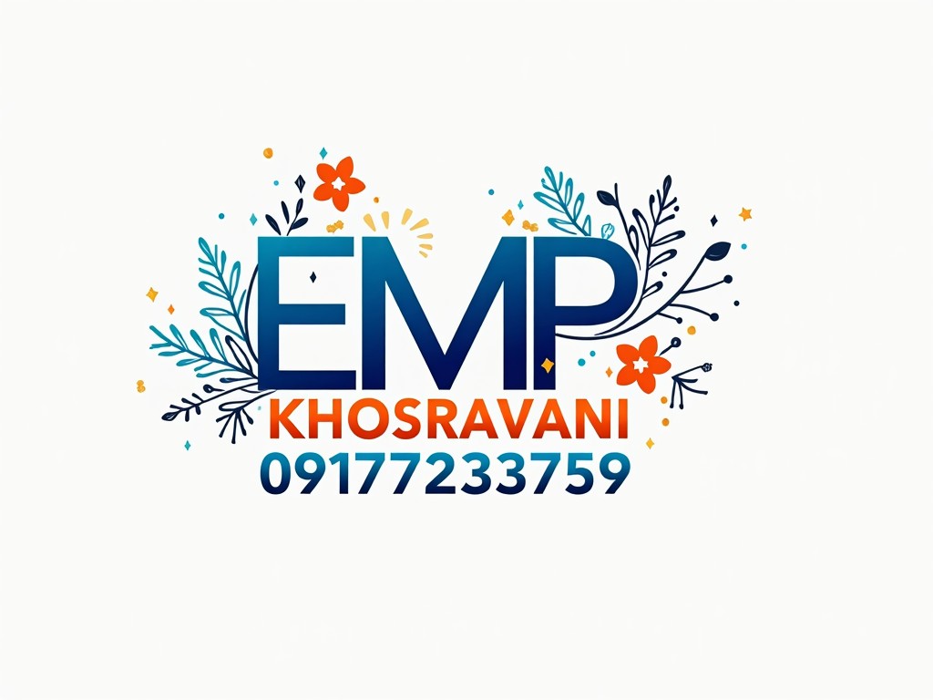 A colorful floral-themed logo with the text 'EMP KHOSRAVANI' and a phone number, designed in bold blue and orange colors, with decorative floral elements around the text, set against a light background.