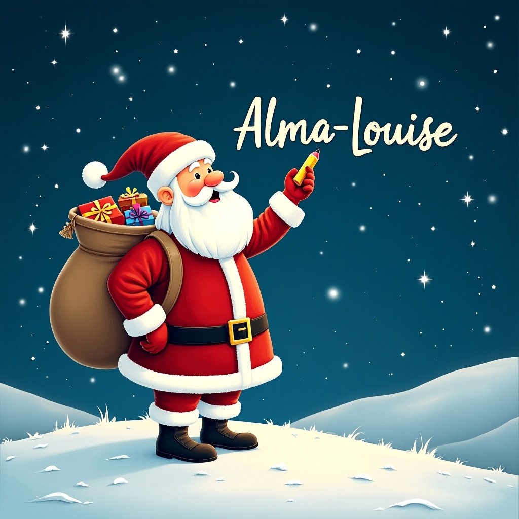 Santa Claus stands on snowy hill under starry night. He is writing names in the sky with a pencil. Dressed in red and white. A large sack of gifts on his back. The name 'Alma-Louise' is displayed in a whimsical font.