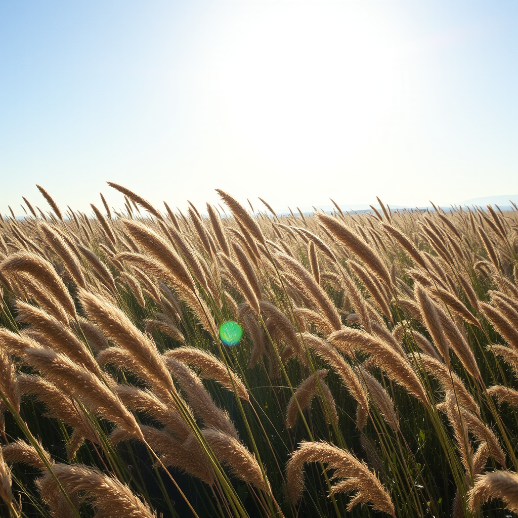 Tall, golden grasses sway gently under a bright, clear sky.