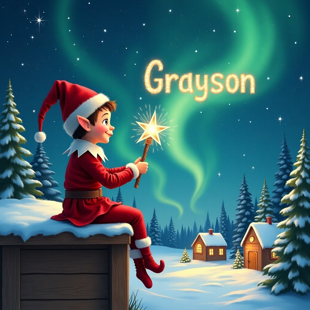 An elf sits on a wooden ledge with its back to the camera, gazing up at a magical sky. The elf is dressed in a bright red outfit and wears a pointed hat, holding a sparkling wand. With this wand, the elf writes the name 'Grayson' in twinkling letters against a starry backdrop. Below, there's a snowy landscape dotted with charming little houses and evergreen trees. The scene is illuminated by shimmering Northern Lights, adding to the whimsical and enchanting atmosphere.