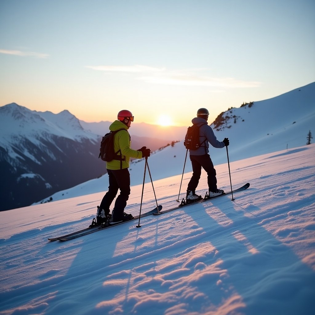 Two skiers enjoying a snowy mountain slope during morning light. Sunset in the background with snow-covered peaks. Skiers are in winter apparel, engaged in an outdoor activity.