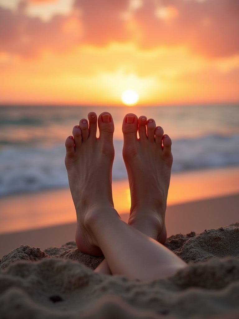 Feet displayed in crossed sole pose on sandy beach. Sunset scenery creates a warm ambiance. Soft natural lighting enhances the tranquil atmosphere during golden hour.