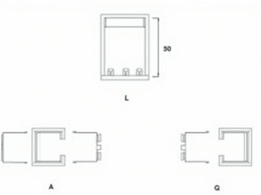 This technical drawing represents a rectangular section with notches. The front view shows a height of 30 units and a width of 50 units, highlighting 10x10 notches on each side. The top view maintains the same width of 50 units and a depth that includes the notches. The side view reflects a height of 30 units and a depth of 50 units, showcasing the notches as protrusions. This illustration can be utilized in engineering and architectural contexts for precise representation of specifications.