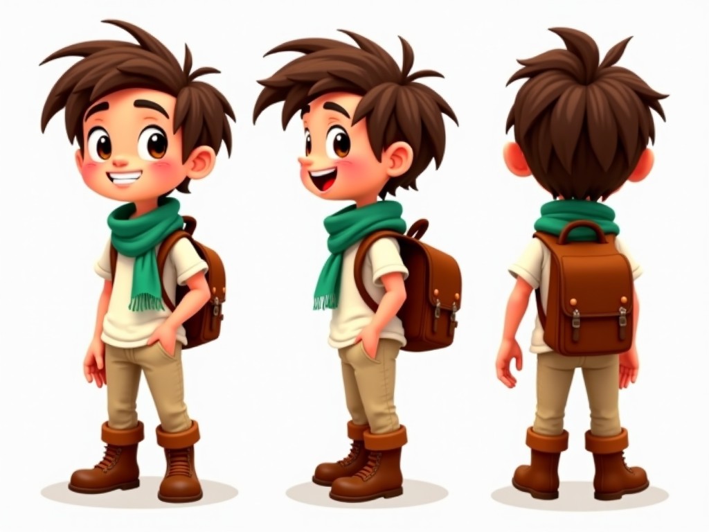 The image shows an animated character design of a young boy. He has messy brown hair and a big smile. He is wearing a white shirt, beige pants, and brown boots. A green scarf is loosely wrapped around his neck. The boy is also carrying a brown backpack and is shown from three different angles: front, side, and back. The artistic style is sketchy and colorful, giving a playful and adventurous vibe to the character.