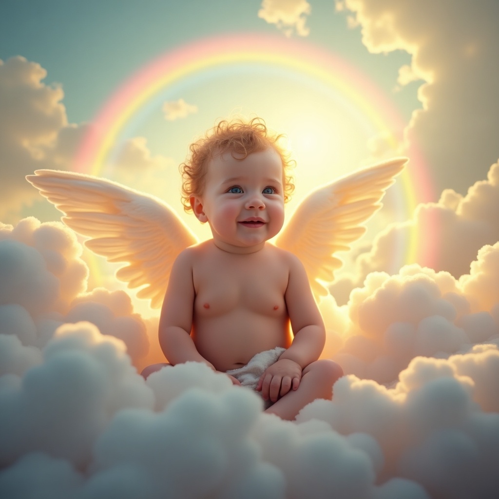 The image features a cherubic baby boy named Luke, sitting blissfully among soft, fluffy clouds. He has delicate angel wings that look almost magical, and his curly hair catches the warm light. Behind him, a radiant rainbow arcs across the sky, contributing to the peaceful and heavenly atmosphere. The scene is bathed in soft pastel colors, with an ethereal glow surrounding the baby. This imagery evokes feelings of innocence and serenity, making it a perfect representation of a joyful childhood and spiritual themes.