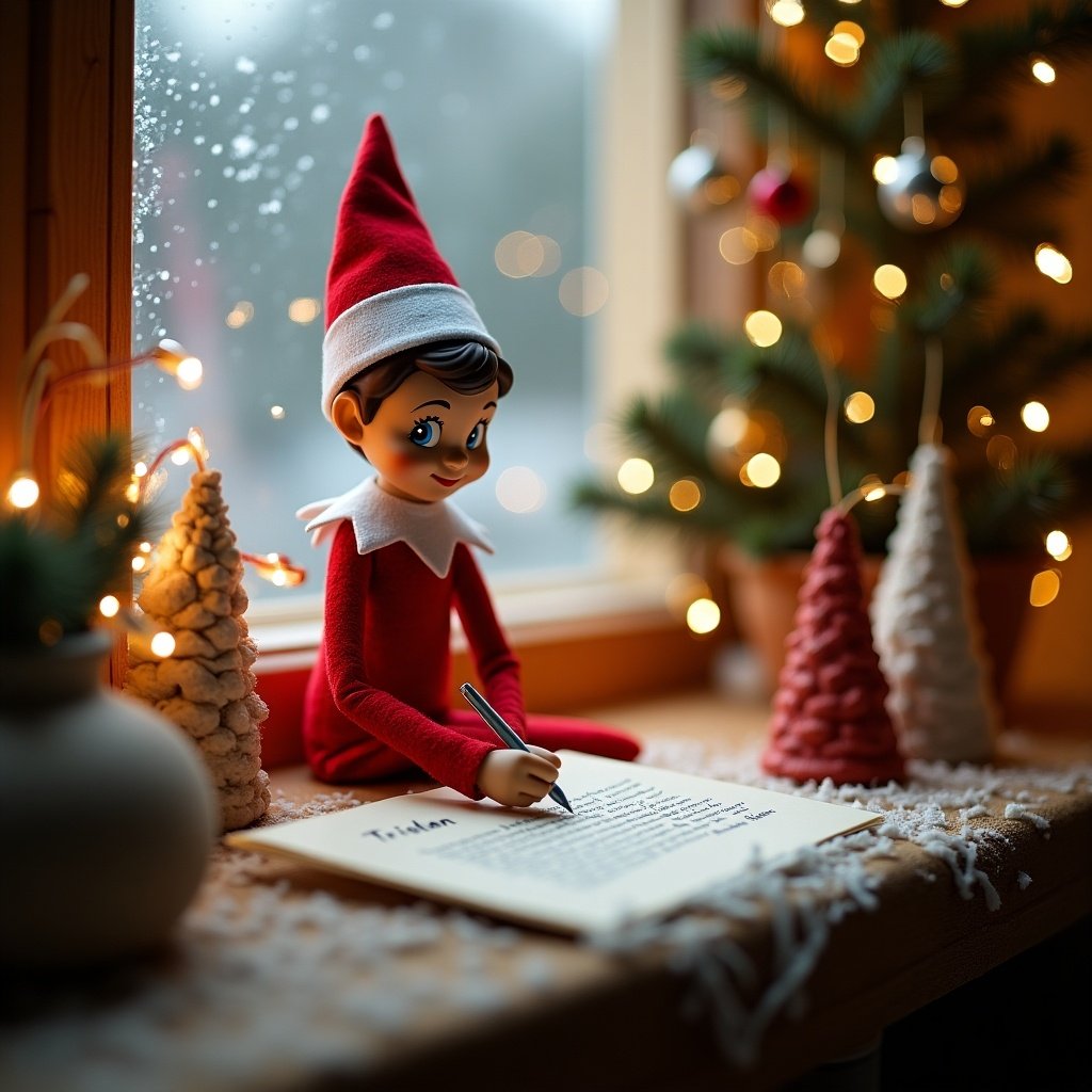 Elf on the Shelf writing on a piece of paper. Indoors with Christmas decorations. Bright lights in the background. Cozy atmosphere during holidays.