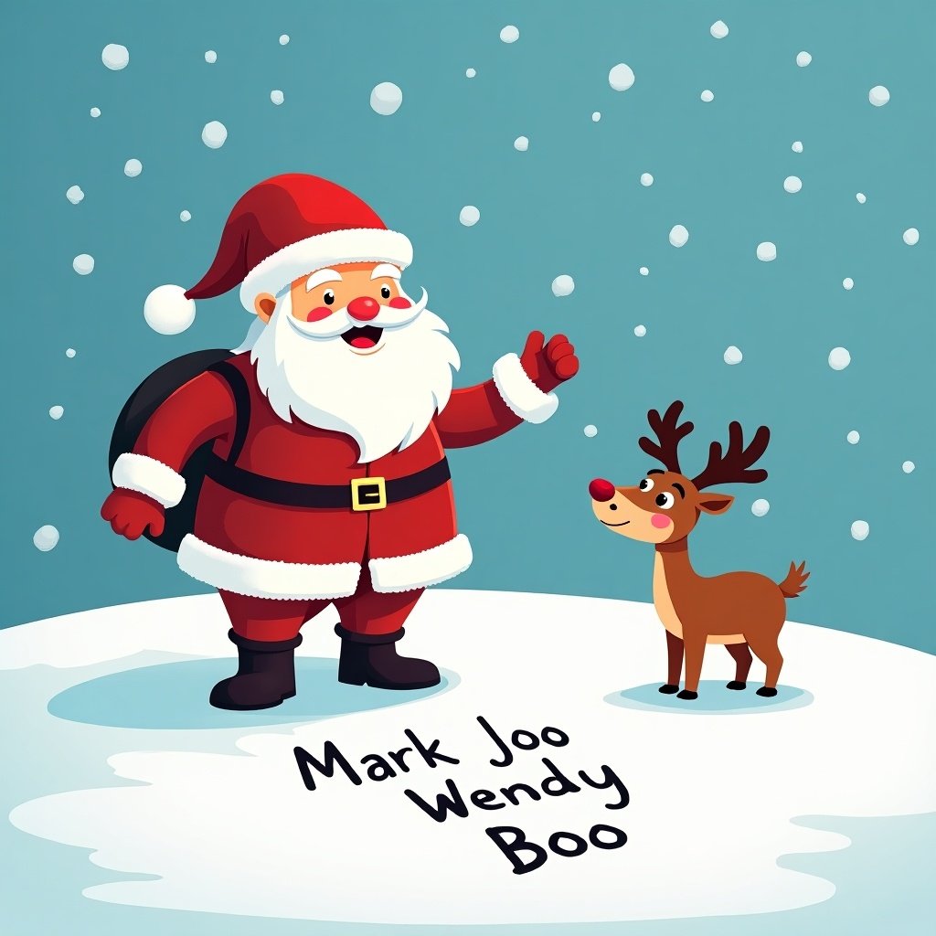 The image features Santa Claus in a snowy landscape. He writes names in the snow, including Mark, Wendy, and Boo. A cheerful reindeer observes. The background is bright blue with fluffy white snow. The atmosphere is festive and magical.