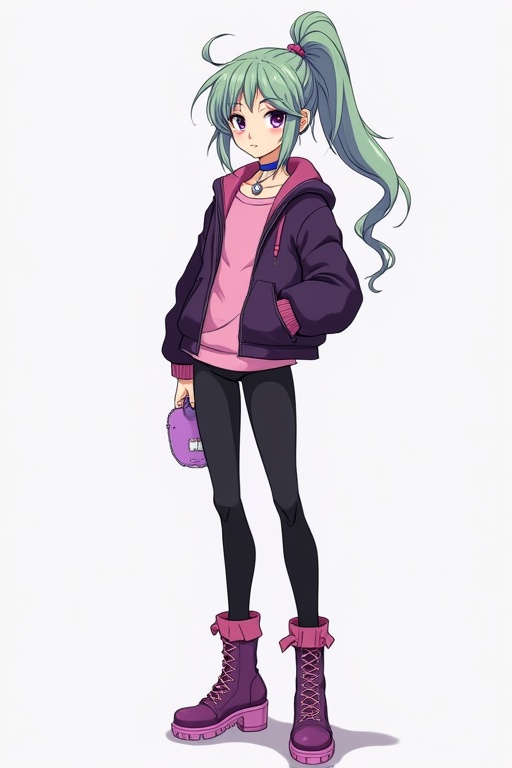 A slender young male character with big purple eyes and light green hair in a ponytail. He wears a dark purple jacket over a pink top and a silver heart choker. Black leggings trimmed with pink and high heeled black and pink boots complete the look. He has a feminine build and an eye-catching Chaos Duel Disk.