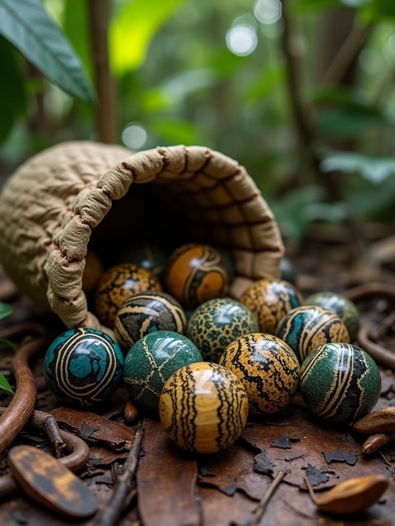 Marbles made of African Bush Viper Snake skin with wood inlays spill from a natural snakeskin sack. The scene shows a forest floor in the Amazon jungle.