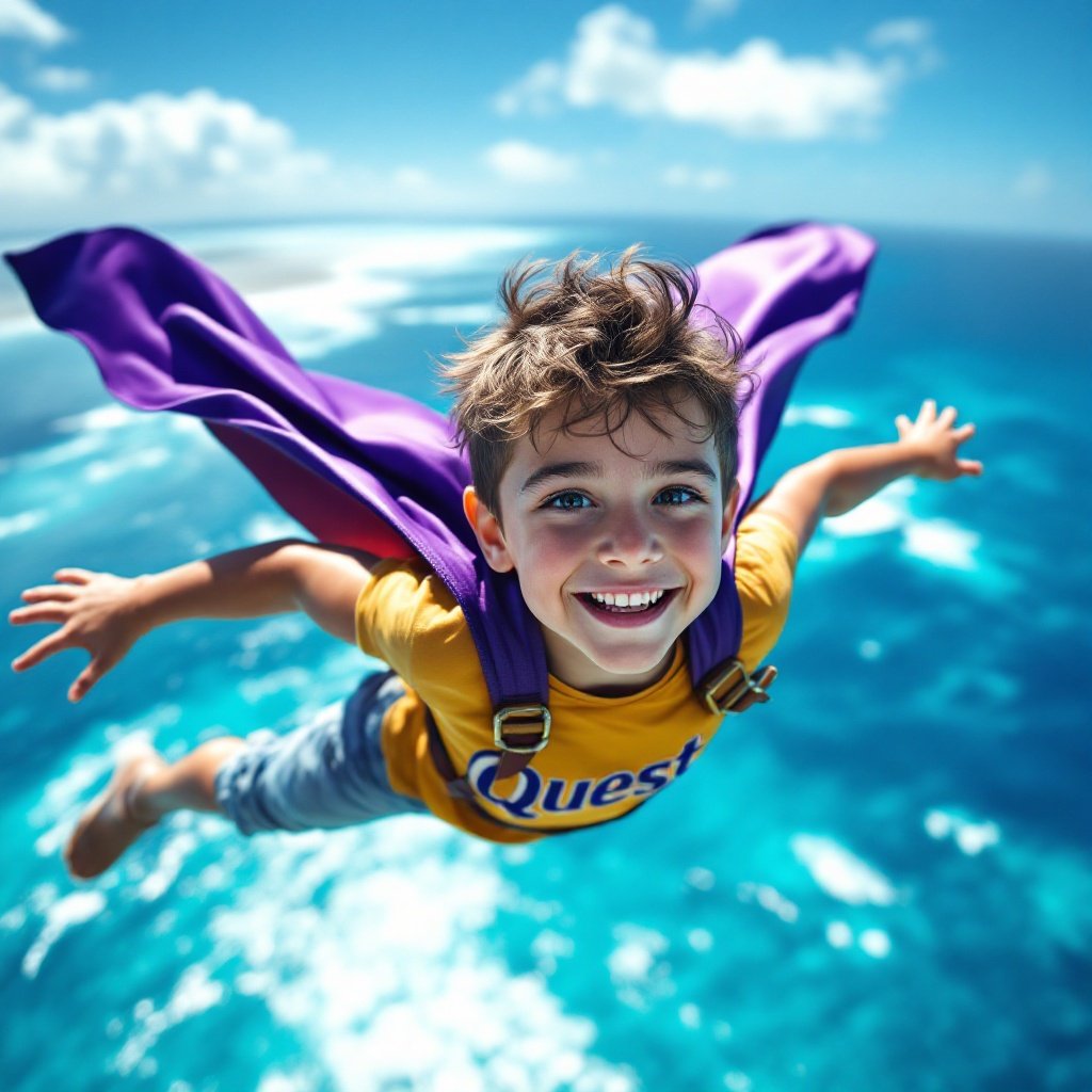 Confident and happy 4 years old boy flying over the Caribbean sea with purple cape and a shirt that says Quest.