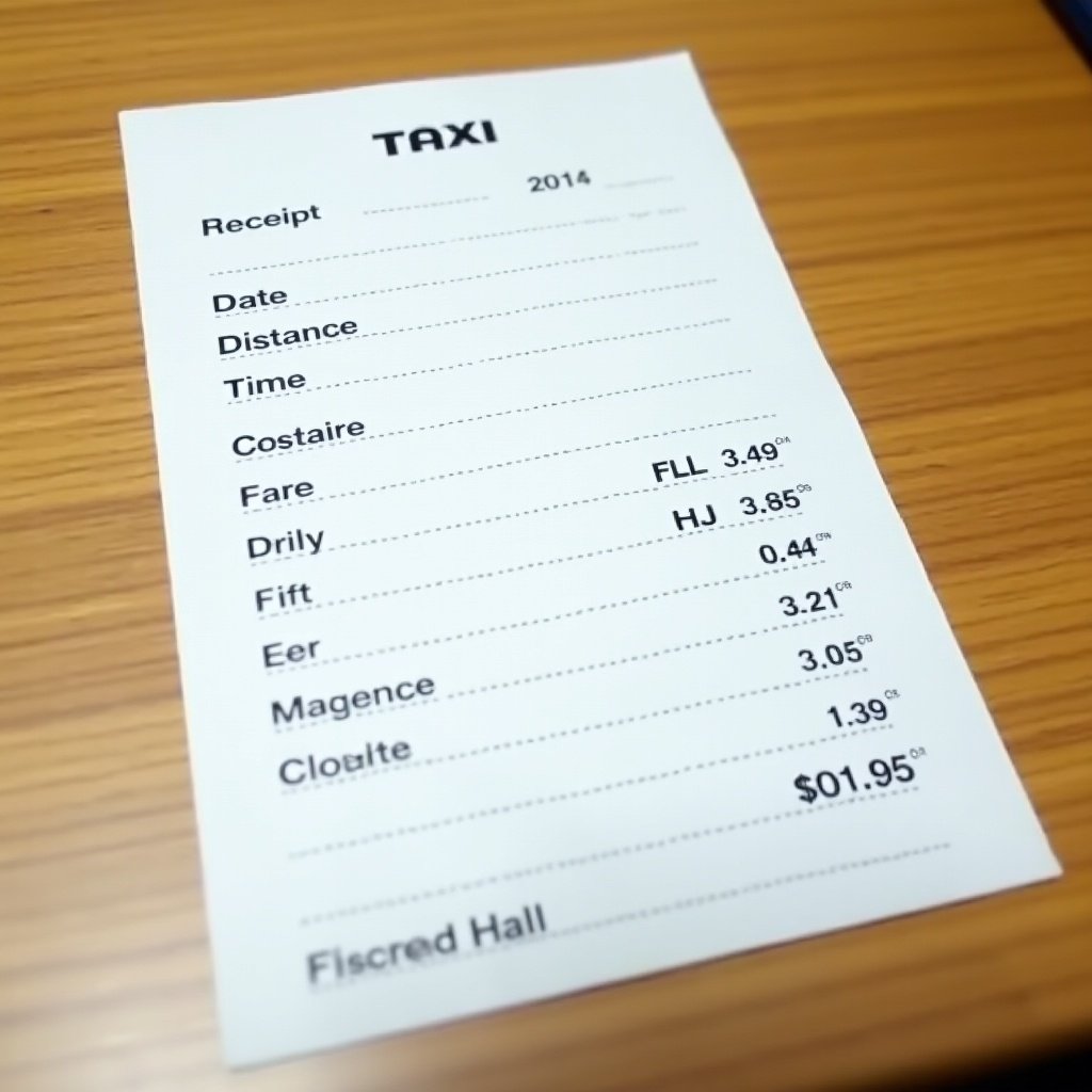 A blank taxi receipt displayed on a wooden surface. The receipt includes sections for date, distance, time, cost, fare, and other fees. It is designed for financial tracking, with no specific information filled out.