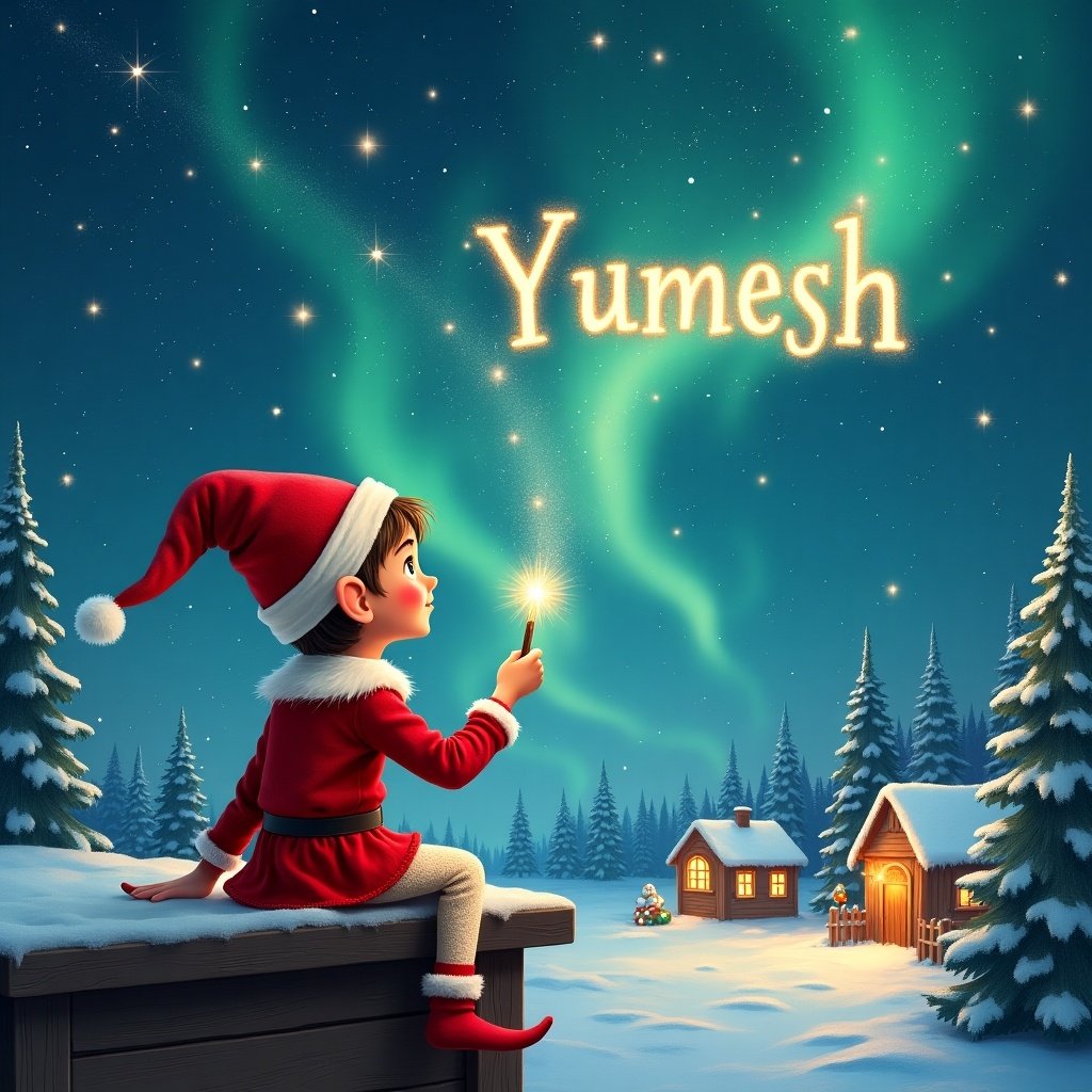 An elf sits on a wooden ledge gazing at a magical sky. The elf wears a red outfit and pointed hat while holding a sparkling wand. The elf writes the name 'Yumesh' in the sky. The scene includes a snowy landscape, charming houses, and evergreen trees under Northern Lights. The elf also adds the names 'Luana' and 'Edison' in the sky, enhancing the magic.