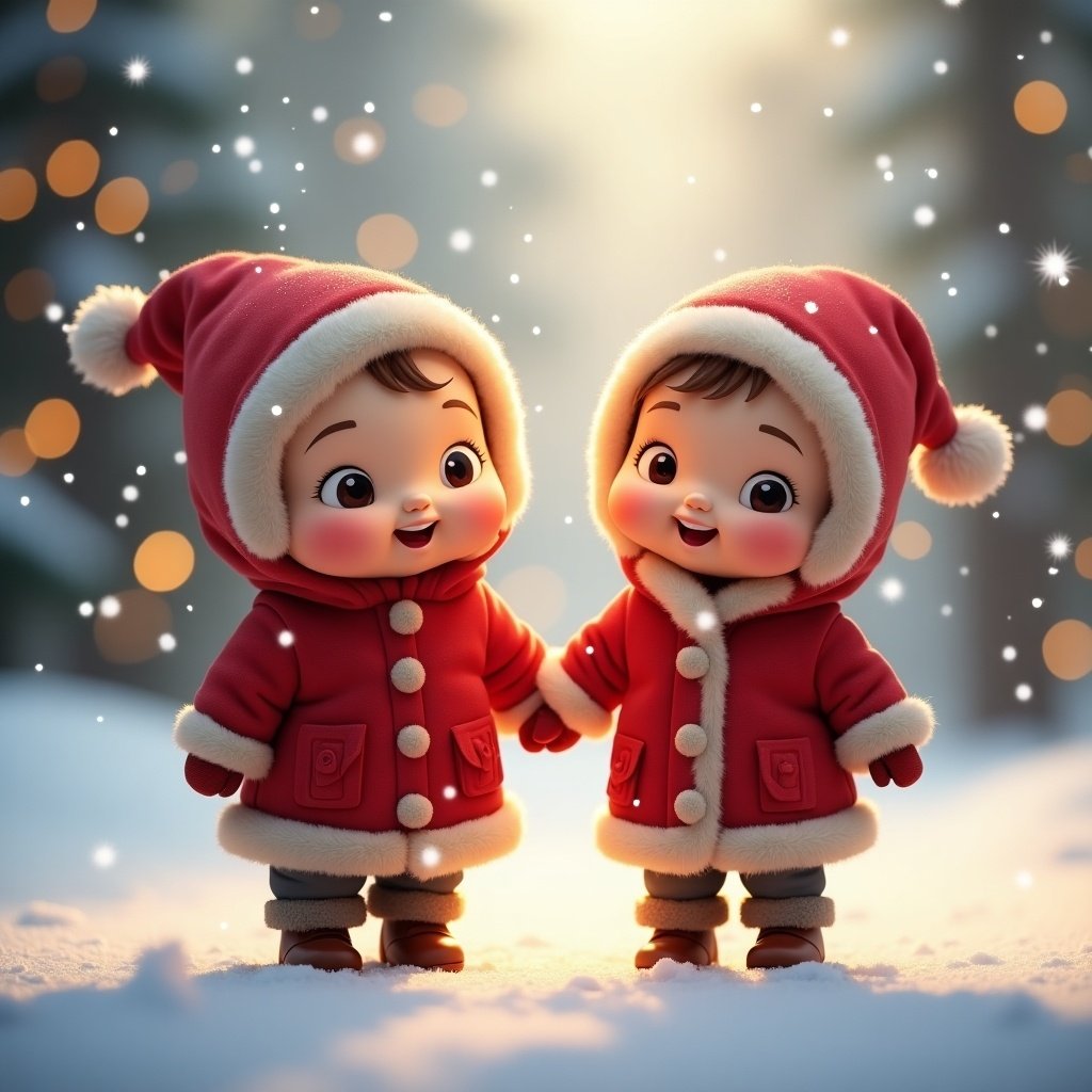 Two animated babies are dressed for winter in red coats. They stand in soft snow surrounded by snowflakes and festive lights. Babies have cheerful expressions. Light glows warmly. Text says Merry Christmas from NEWS TO MAKE YOU LAUGH.