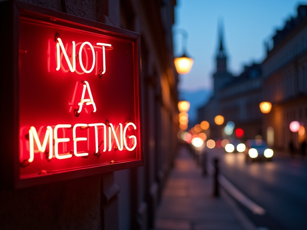 A neon sign on a city street at night reading 'NOT A MEETING', with blurred car lights in the background.