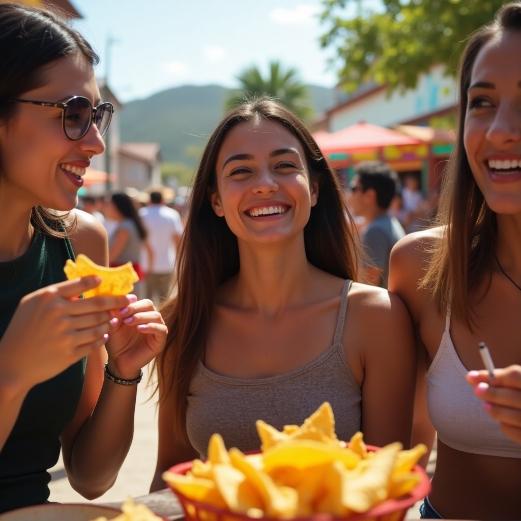 A group of friends enjoying chips outdoors. Lively social interaction captured in a relaxed atmosphere. Emphasis on fun and enjoyment during eating.