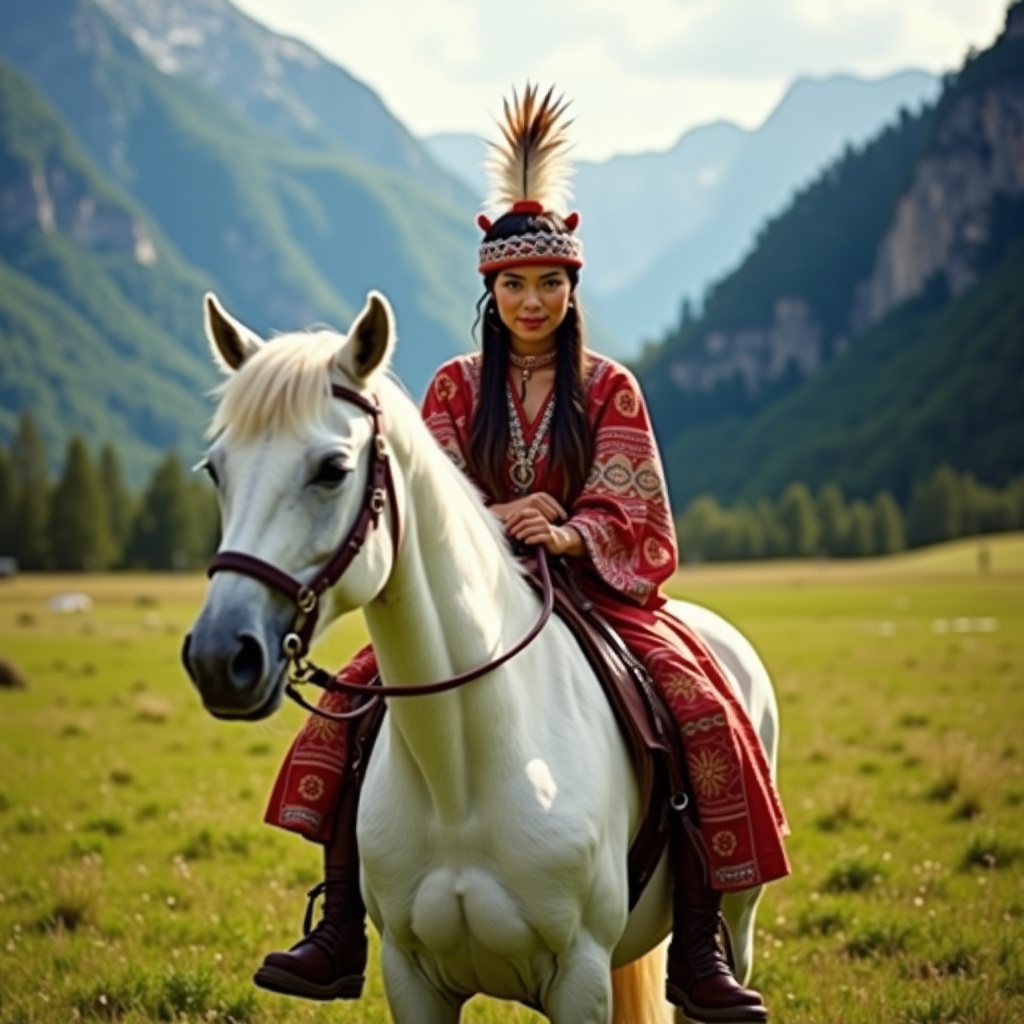 A woman in traditional attire with a feathered headdress sits confidently on a white horse in a picturesque meadow surrounded by mountains. The scene has warm natural light highlighting vibrant clothing and lush green landscape. It evokes harmony and freedom, showcasing the bond between rider and horse.