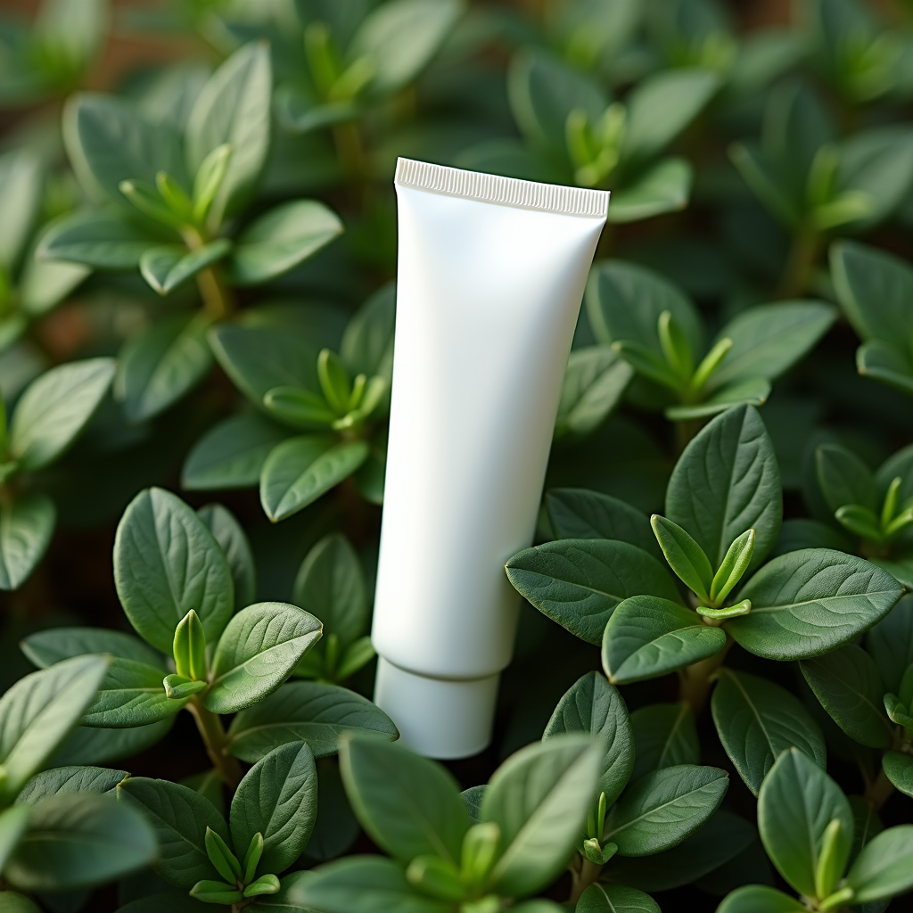 A blank white cosmetic tube resting amidst lush, green leaves, showcasing a harmony between nature and product design.