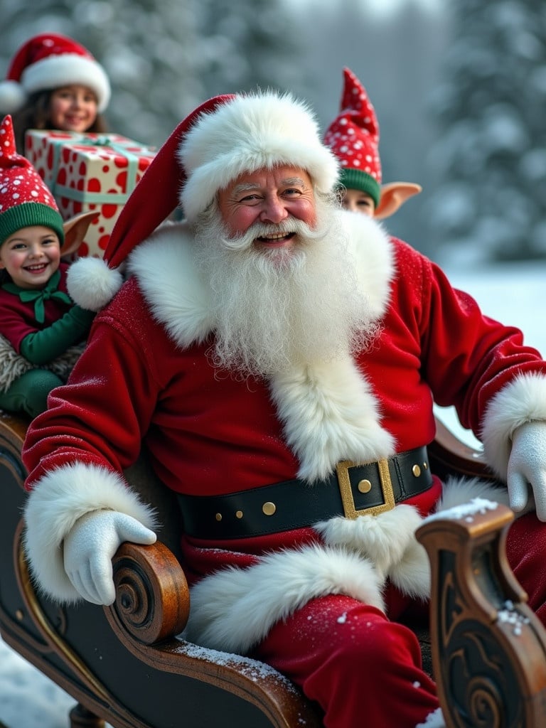 Photo realistic Santa Claus sits in a sleigh with a joyful expression. Two elves hold a bag filled with presents. Snow falls gently around them.