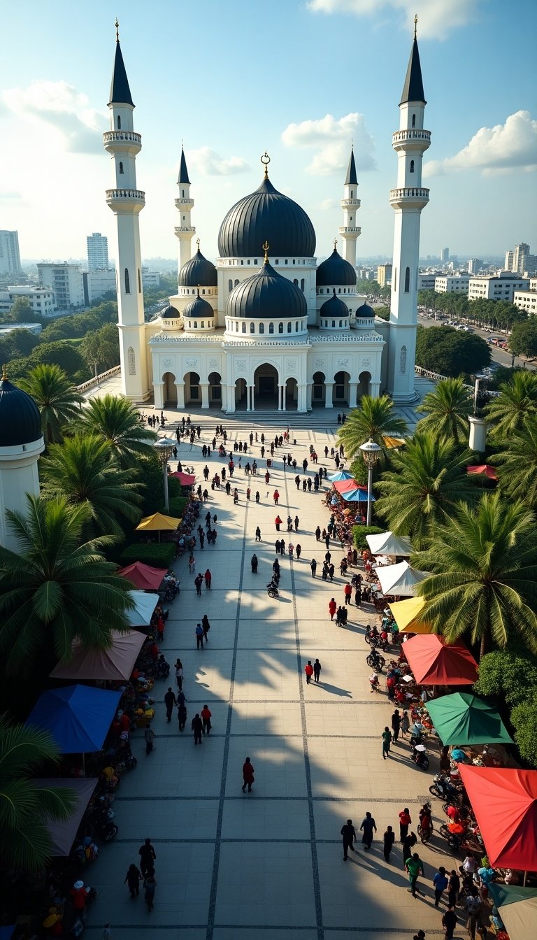 Drone view of Banda Aceh city showing vibrant atmosphere with modern buildings and markets. Iconic Masjid Baiturrahman in center with black domes and white walls. Streets filled with vendors, children, and local activities. Lush greenery and clear skies enhance the lively scene.