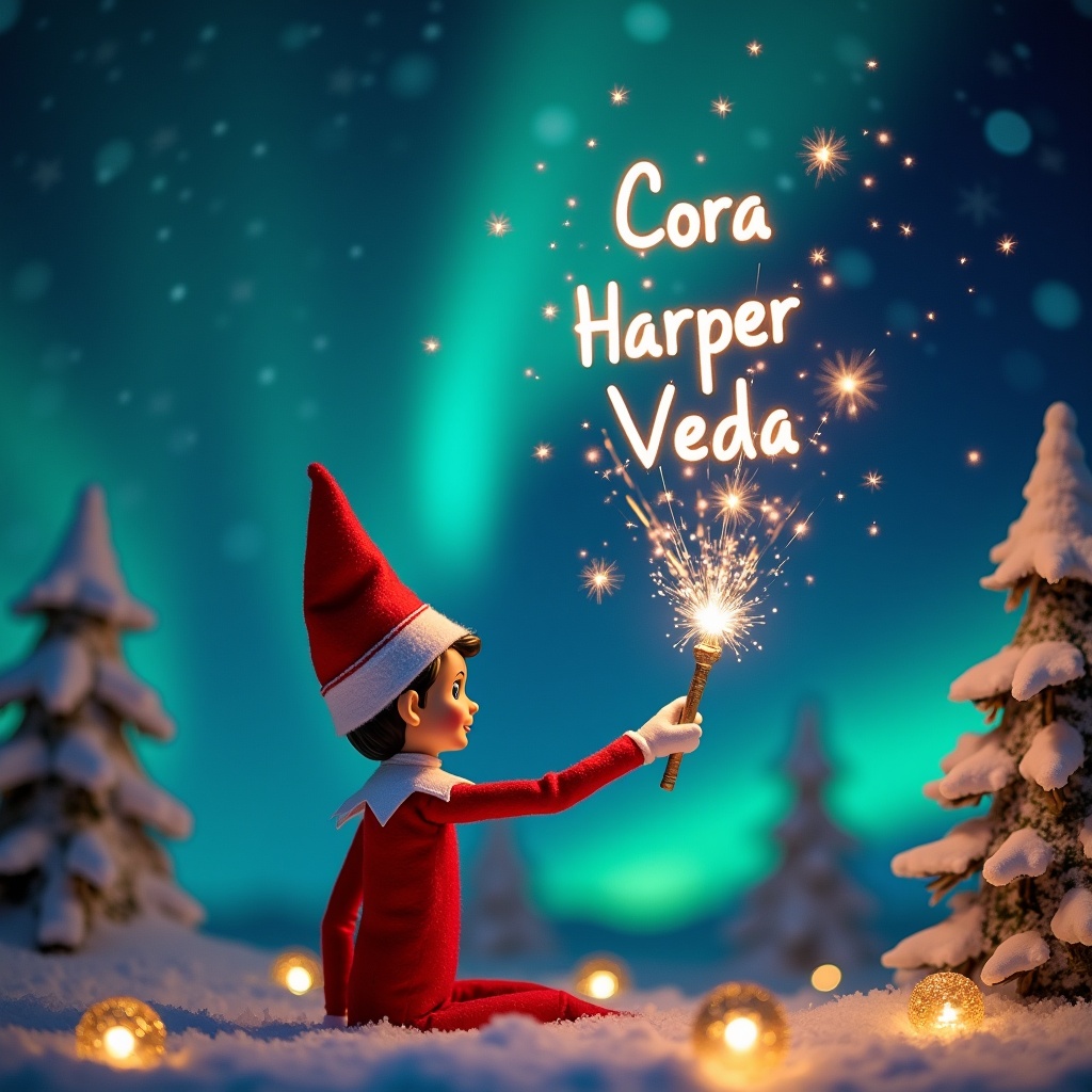 An enchanting Christmas scene featuring an elf on the shelf, who is facing the sky with his back to the viewer. The elf, dressed in red and white, wields a magic wand, writing 'Cora', 'Harper', and 'Veda' in a glowing script above him. The backdrop is adorned with vibrant northern lights, adding a magical ambiance. The scene is festive, portraying the spirit of Christmas with a whimsical twist. The elf's position and action create a sense of wonder and excitement that captures the joy of the holiday season.