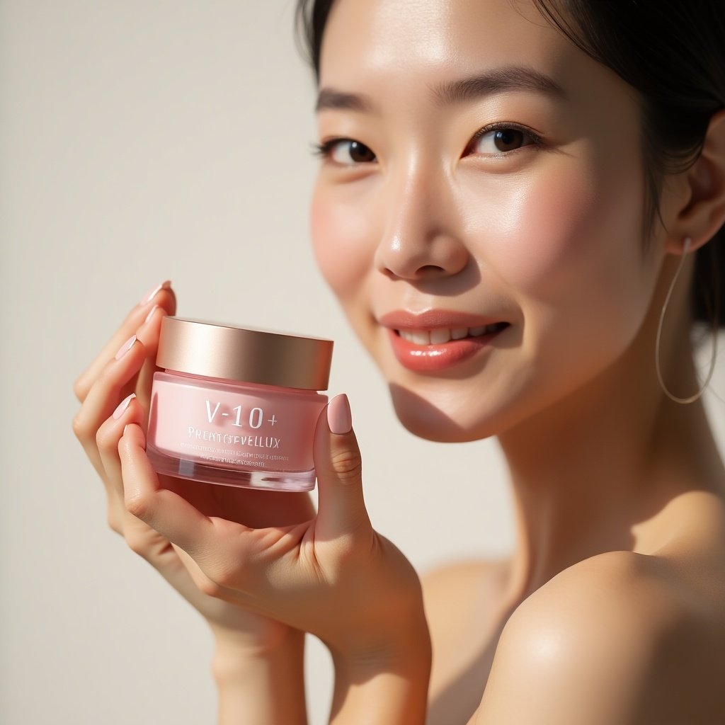 Close-up image of an Asian woman holding a jar of V 10 Plus NiacinGlow Prestige Cream. Soft natural light enhances the overall skin tone and highlights the product. Focus on the cream jar and the hands well manicured. Ideal for skincare promotion.