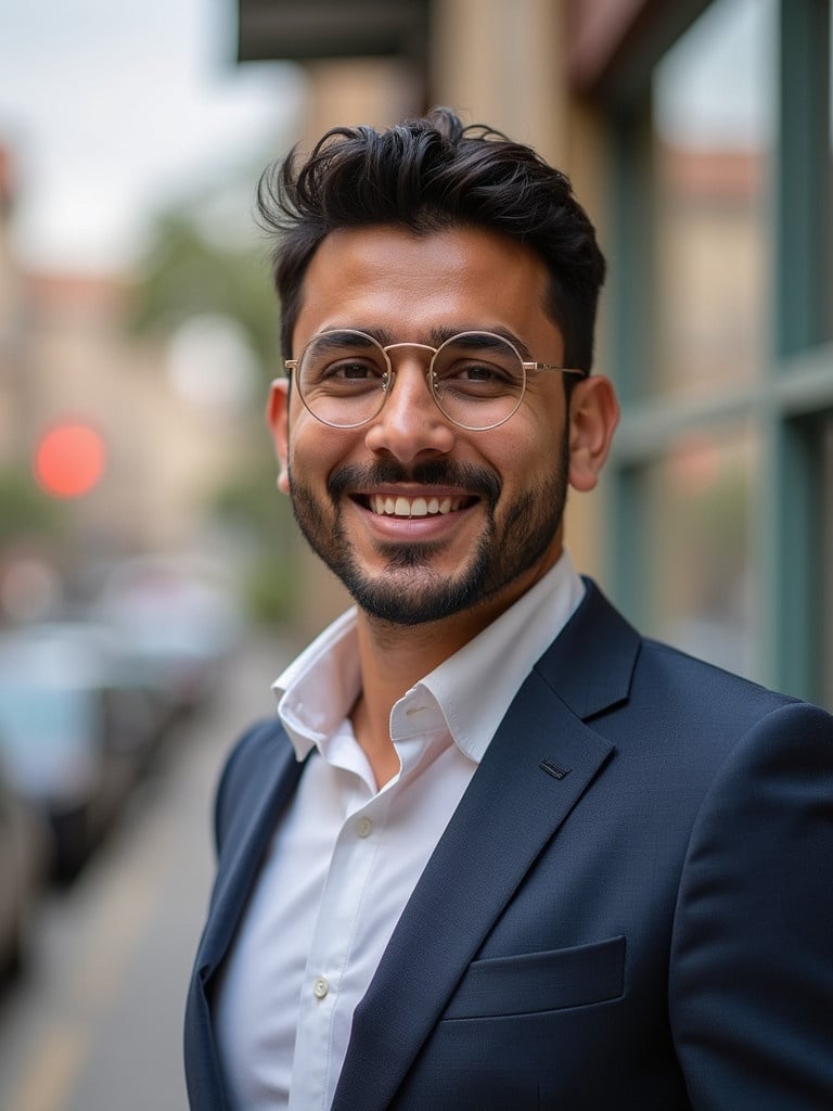 A man in formal business attire poses outdoors. He wears a navy suit and a white shirt. The background features an urban street with cars and blur. He stands confidently. Soft lighting enhances the image.